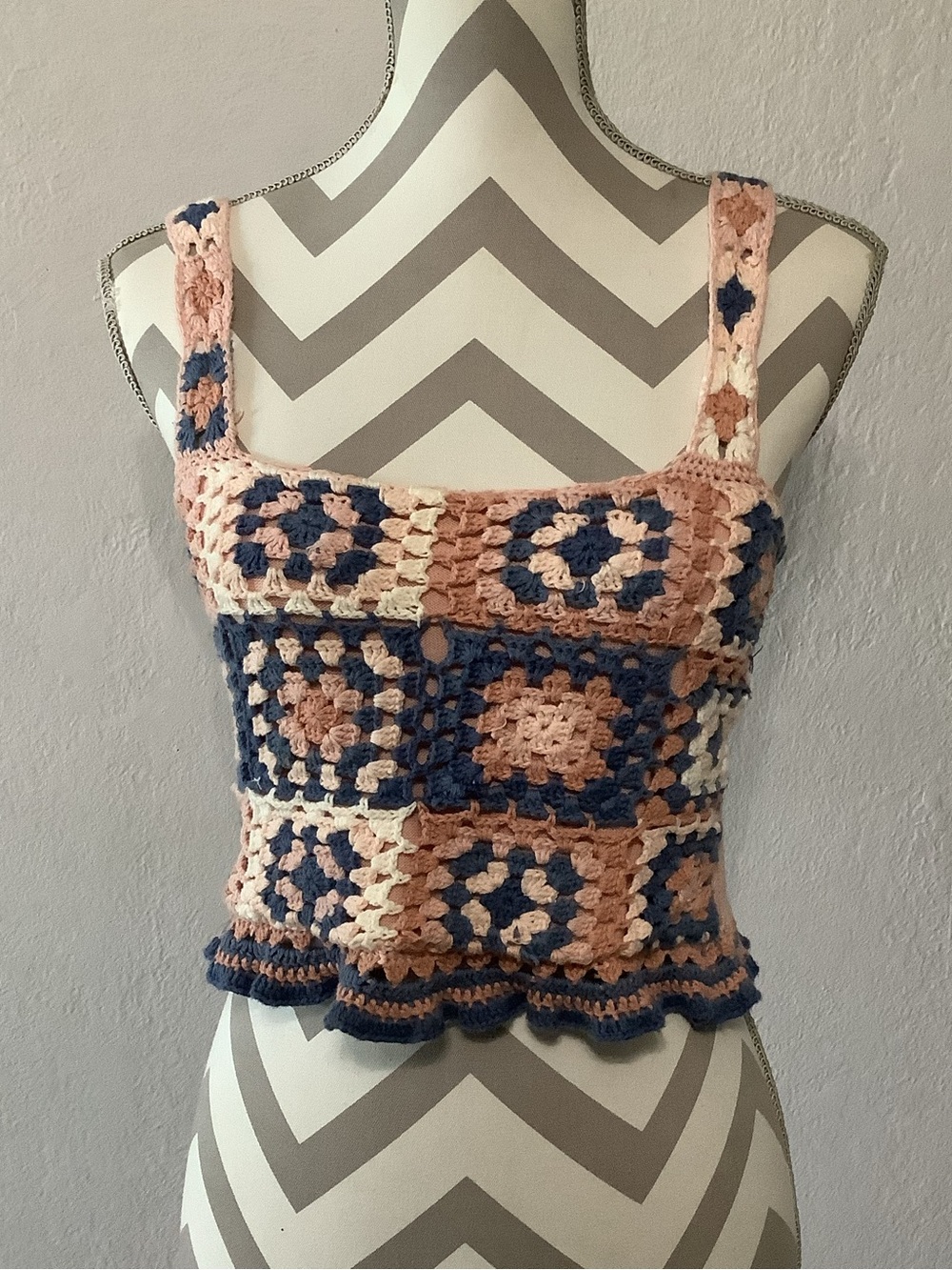 American Eagle Women’s Crochet Square Tank Top - Pink, Blue & Cream Sz S